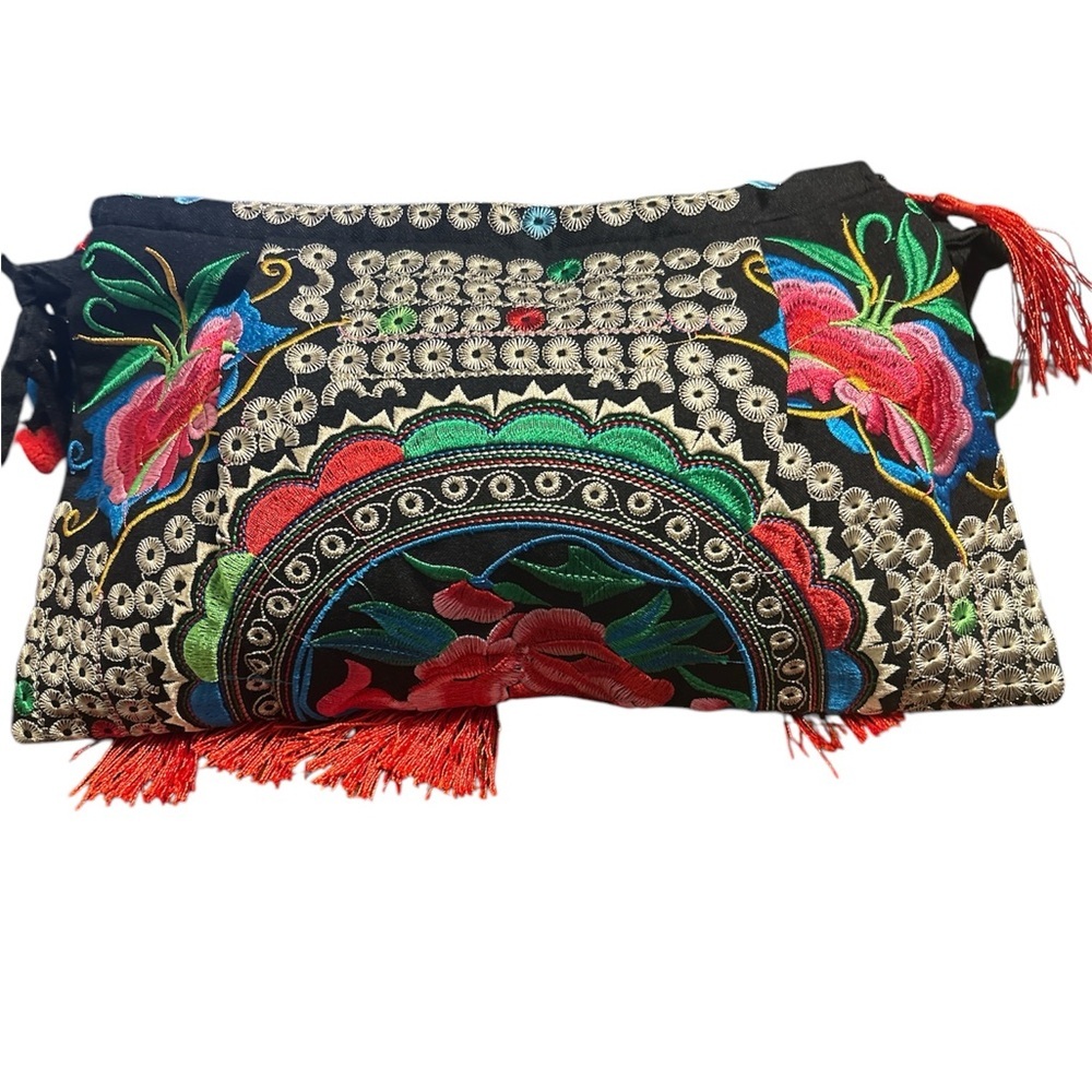 Multicolored Boho Embroidery with Pompoms & Tassels Crossbody - Picture 2 of 8